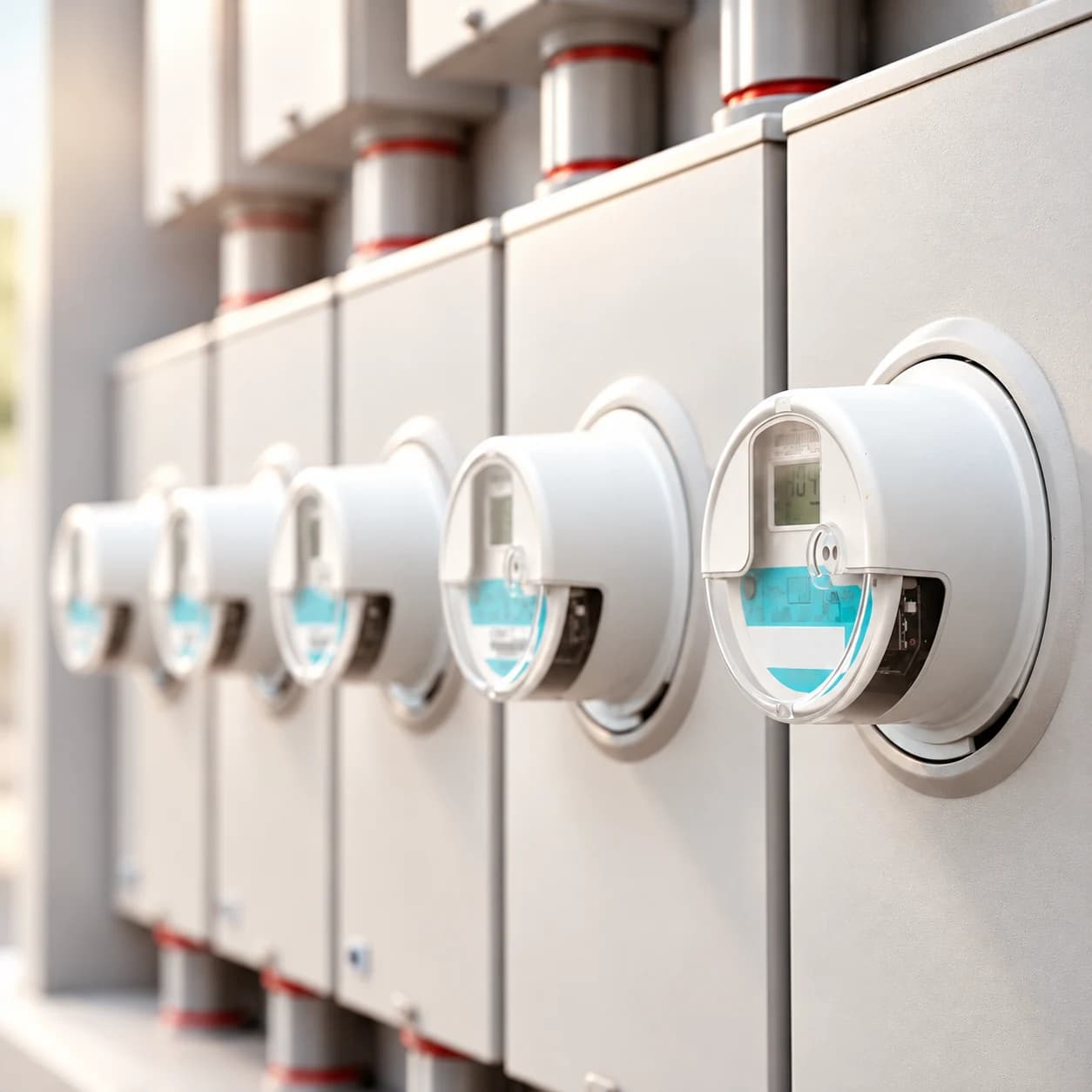 Electrical meters on silver cabinets in soft natural light